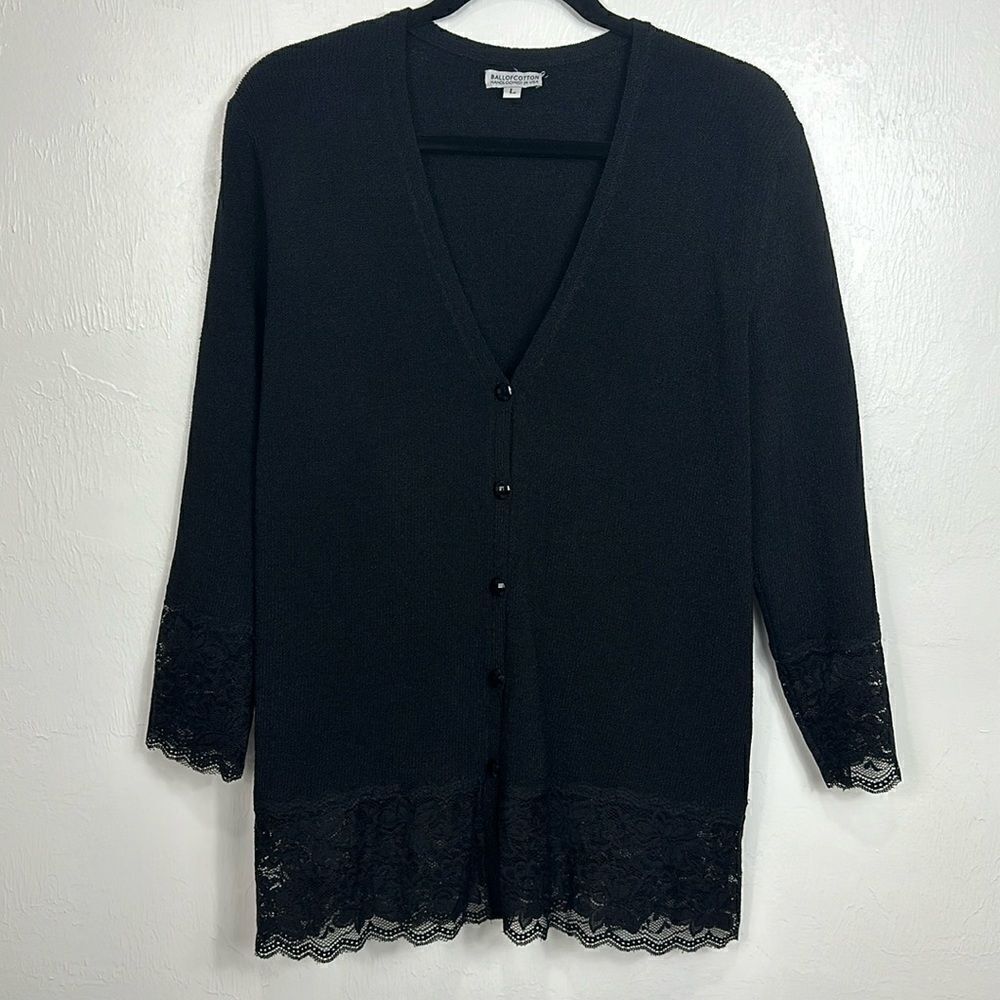 Ball Of Cotton Lace Trim Long Sleeve Button Cardigan Sweater Size L